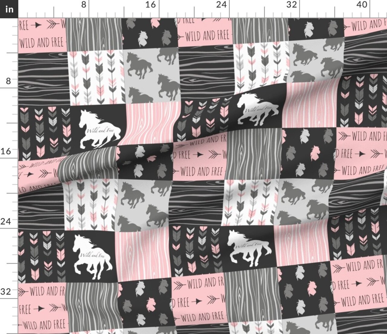Horse Patchwork Pink Black Wild Free Horses Western Cowgirl Custom Printed Fabric by Spoonflower Various Fabrics by the Yard or Fat Quarter